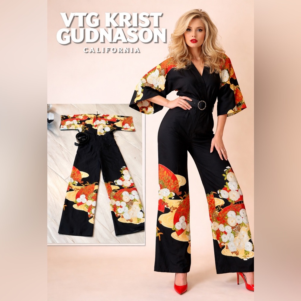 VTG Krist Gudnason Ca.Wax-Dyed Batik Vibrant Floral & Black Jumpsuit,EUC,Size M